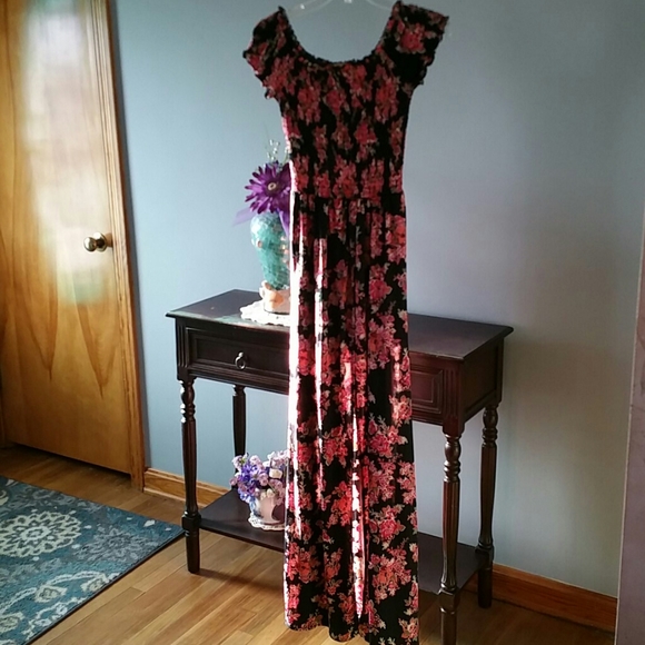 No Comment Long Floral Print Dress With Built-in Shorts Front Slit Size Medium - Picture 2 of 11